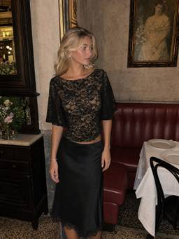 Cider - Lace Floral Women's Boat Neck Bell Sleeve Top Black