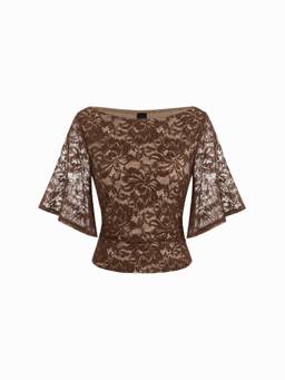 Cider - Lace Floral Women’s Boat Neck Bell Sleeve Top Coffee