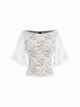 Cider - Lace Floral Women’s Boat Neck Bell Sleeve Top Cream