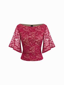 Cider - Lace Floral Women’s Boat Neck Bell Sleeve Top Wine