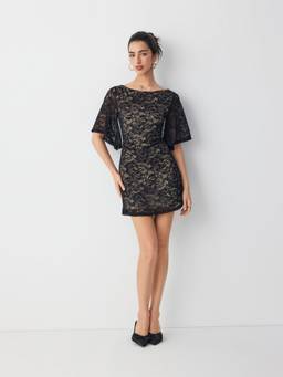 Cider - Lace Floral Women’s Bell Sleeve A-Line Mini Dress Black