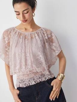 Cider - Lace Women's Shirred Boat Neck Ruffle Hem Top Pink
