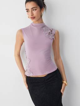 Cider - Cotton Blend Women Lace Panel High Neck Tank Top Purple