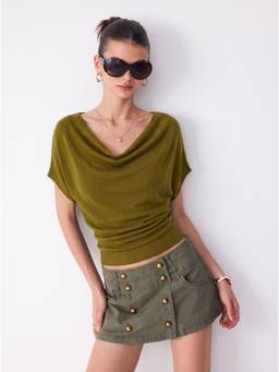Cider - Knit Wool-blend Women Ruched Cowl Neck Top Olive
