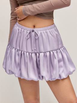 Cider - Satin Women's Ruched Drawstring Bubble Hem Mini Skirt Lavender