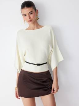 Cider - Knit Women's Belted Batwing Sleeve Top White