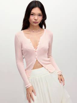 Cider - Knit Ribbed Women's Button-Up Round Neck Cardigan Pink