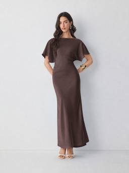 Cider - Satin Women Boat Neck Batwing Sleeve Bow Mermaid Maxi Dress Brown