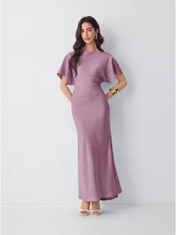 Cider - Satin Women's Boat Neck Batwing Sleeve Maxi Dress Purple