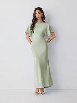 Cider - Satin Women's Boat Neck Batwing Sleeve Mermaid Maxi Dress Green