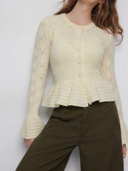 Cider - Pointelle Knit Women Peplum Ruffle Hem Button-Up Cardigan White
