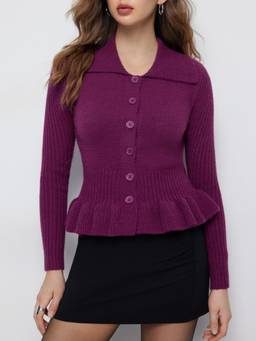Cider - Knit Ruffle Hem Women's Button-Up Ribbed Cardigan Purple