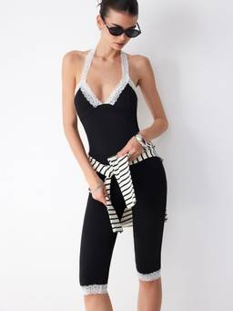 Cider - Lace Trim Women's Halter Neck Capri Jumpsuit Black