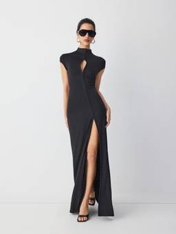 Cider - High Neck Women's Cut-Out Split A-Line Maxi Dress Black