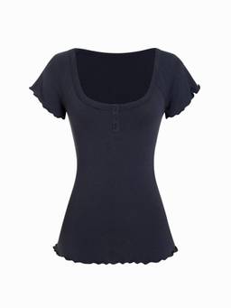 Cider - Cotton Blend Women Ruffle Sleeve Scoop Neck Tee Navy Blue