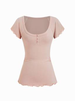 Cider - Cotton Blend Women Scoop Neck Ruffle Sleeve Lettuce Trim Tee Pink