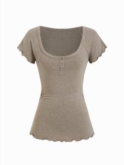 Cider - Cotton Blend Women Ruffle Sleeve Scoop Neck Tee Beige