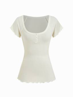 Cider - Cotton Blend Women Scoop Neck Ruffle Sleeve Tee White