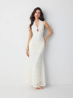 Cider - Lace Halter Women's Cut-Out A-Line Maxi Dress Cream