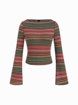 Cider - Striped Women's Boat Neck Bell Sleeve Slim Top Red