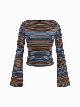 Cider - Striped Women’s Boat Neck Bell Sleeve Slim Tee Blue
