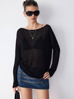 Cider - Knit Fabric Women See-Through Boat Neck Oversized Top Black