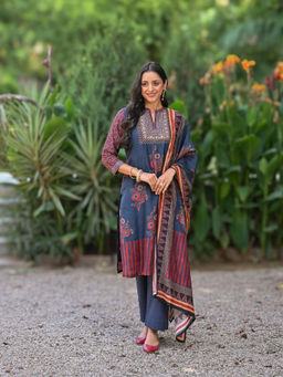 Mahee Jaipur - Blue Block Print Muslin with Embellished Kurta with Pant and Dupatta (Set of 3)