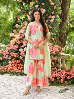 Mahee Jaipur - Pastel Rehmat Floral Print Kurta with Sharara and Dupatta (Set of 3)