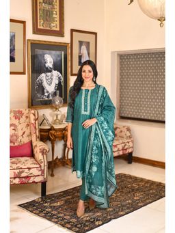 Mahee Jaipur - Rama Green Jashn Floral Print Chanderi Kurta with Pant and Dupatta (Set of 3)