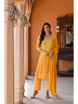 Mahee Jaipur - Yellow Bandhani Crepe Kurta and Pant with Dupatta (Set of 3)