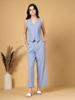 Gipsy - Light Blue Striped Cotton Waist Coat with Pant Co-Ord (Set of 2)