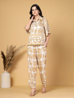 Gipsy - Beige Printed Rayon Shirt with Pant Co-Ord (Set of 2)