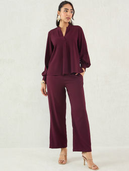 Femmella - Wine Mandarin Neck Co-Ord (Set of 2)