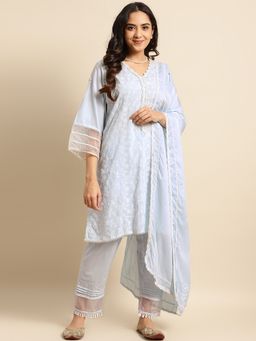 Zuri - Sky Blue Embroidered Cotton Dupatta