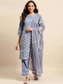 Zuri - Grey Blue Embroidered Mulmul Dupatta