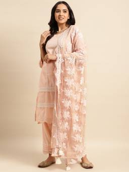 Zuri - Peach Scalloped lace Embroidered Net Dupatta