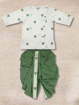 Earthy Tweens - Green and Off White Tiny Heart Print Kurta with Dhoti