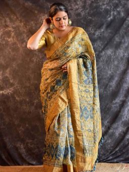 Sundarii - Medha - Ajrakh Handloom Dupion Saree without Blouse With Zari Border