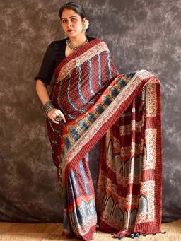 Sundarii - Mehran- Ajrakh Modal Silk Hand Embroidered Saree