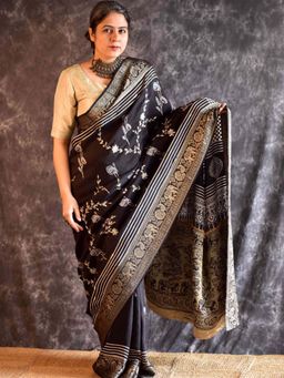 Sundarii - Moti - Ajrakh Dola Silk Hand Embroidered Saree without Blouse