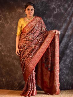 Sundarii - Gehrai - Ajrakh Dola Silk Hand Embroidered Saree without Blouse