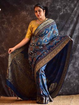 Sundarii - Mor Pankh - Ajrakh Dola Silk Hand Embroidered Saree without Blouse