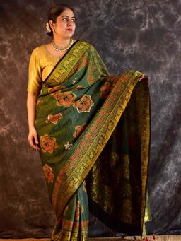Sundarii - Vanya - Ajrakh Dola Silk Hand Embroidered Saree without Blouse