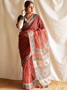 Sundarii - Lali - Dabu Kota Doria Saree without Blouse