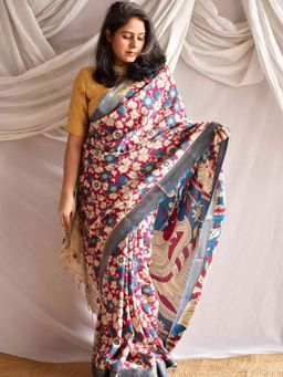 Sundarii - Guldasta - Kalamkari Printed Bangalore Silk Nizam Border Saree without Blouse