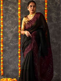 Sundarii - Kalash Sequin Wine Saree With Unstitched Blouse with Unstitched