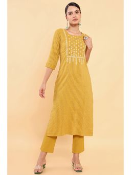 Soch - Women Mustard Viscose Stripes Kurta with Pant (Set of 2)