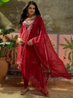 Gahan - Maroon Simmer Silk Sequin Embroidered Straight Kurta and Salwar with Dupatta