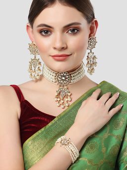 Karatcart - Gold Plated White Pearl Kundan Choker Necklace Set with Bracelet for Women