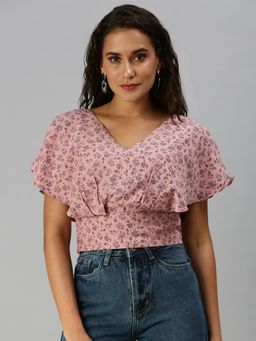SHOWOFF - Women V-Neck Floral Mauve Crop Top